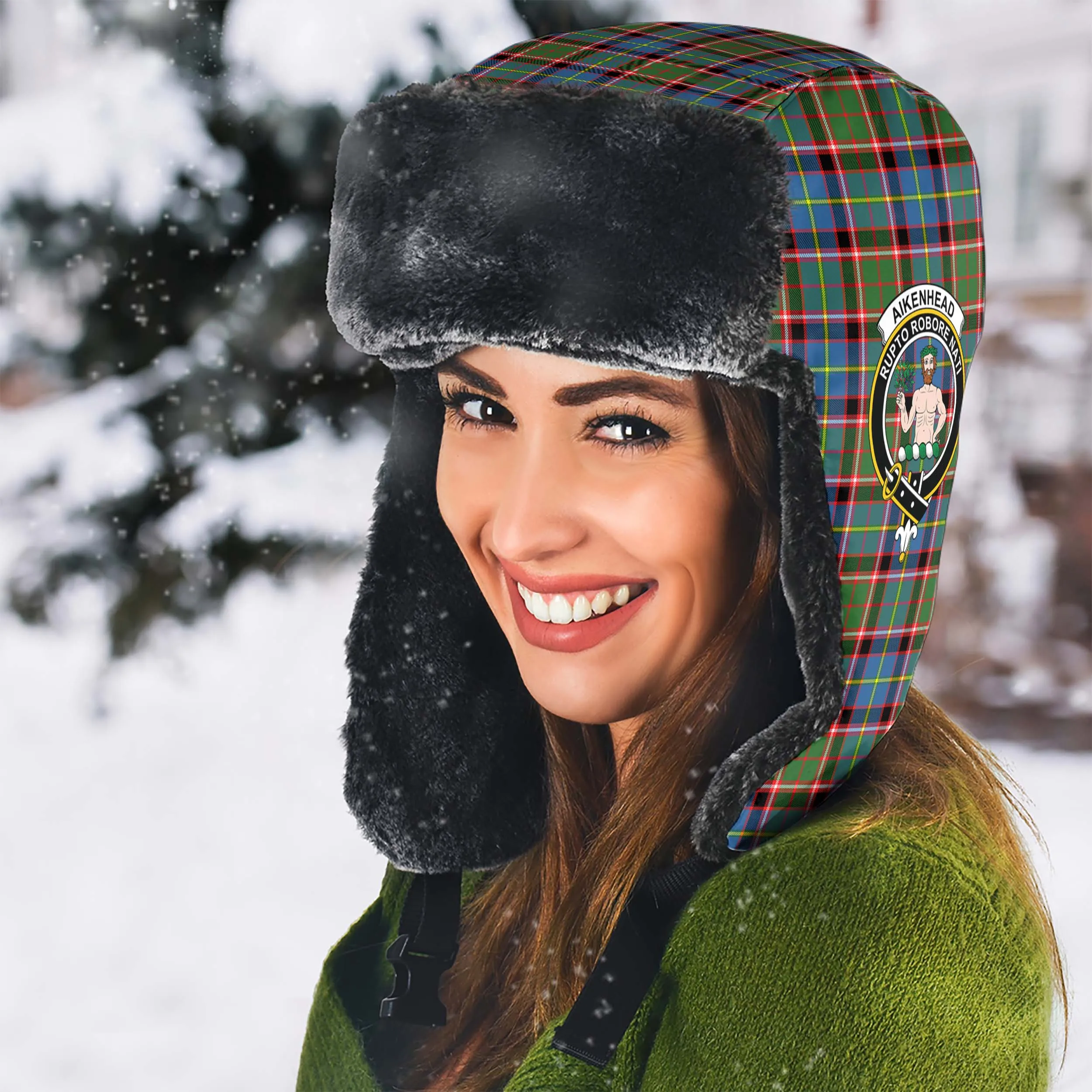 Aikenhead Tartan Winter Trapper Hat with Family Crest