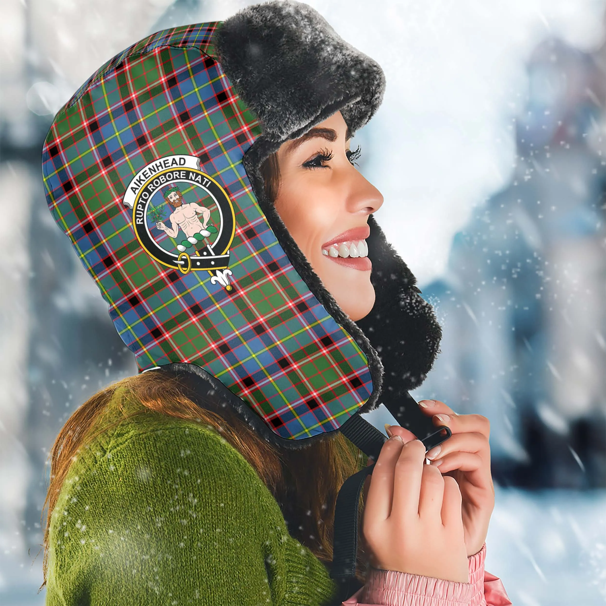 Aikenhead Tartan Winter Trapper Hat with Family Crest