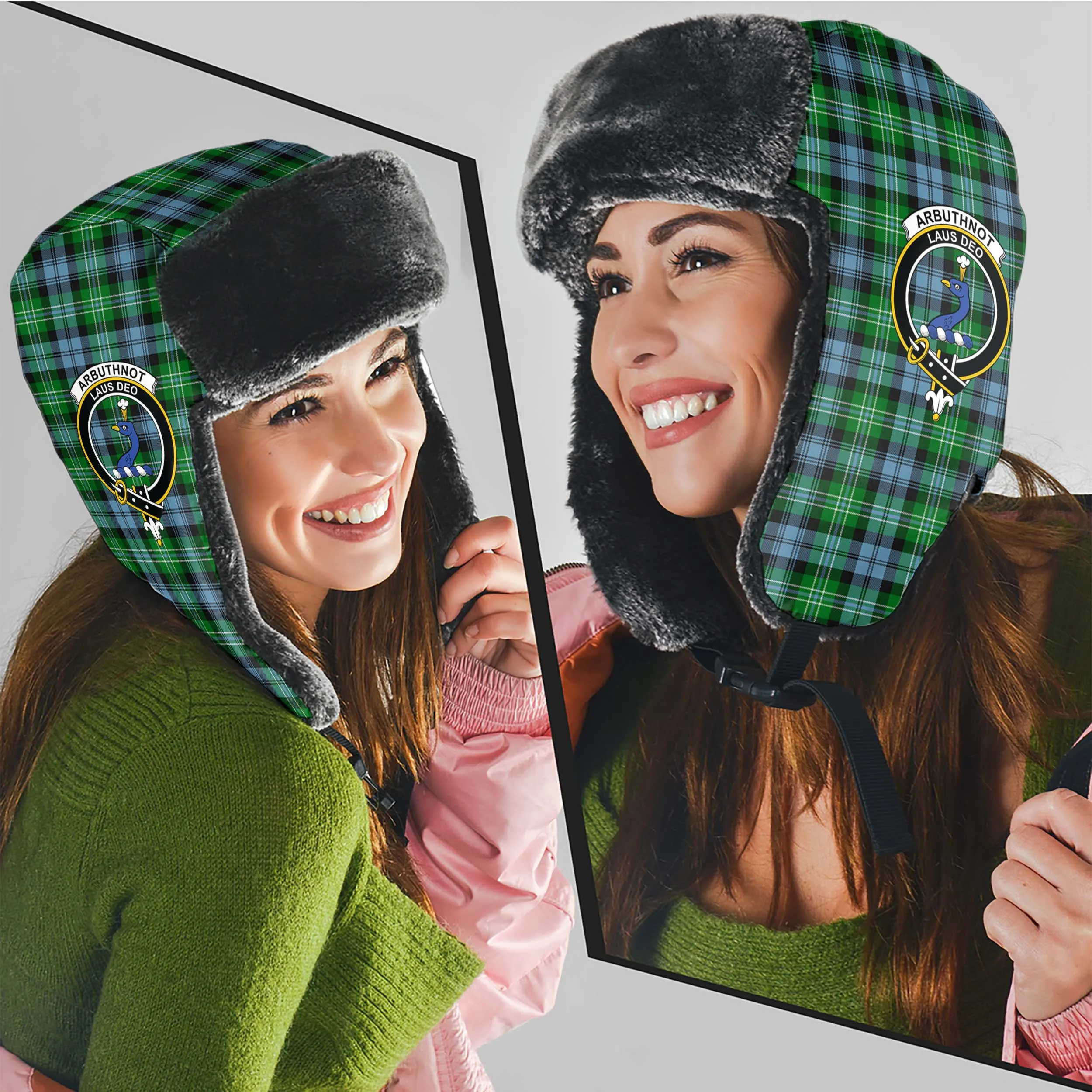 Arbuthnot Ancient Tartan Winter Trapper Hat with Family Crest