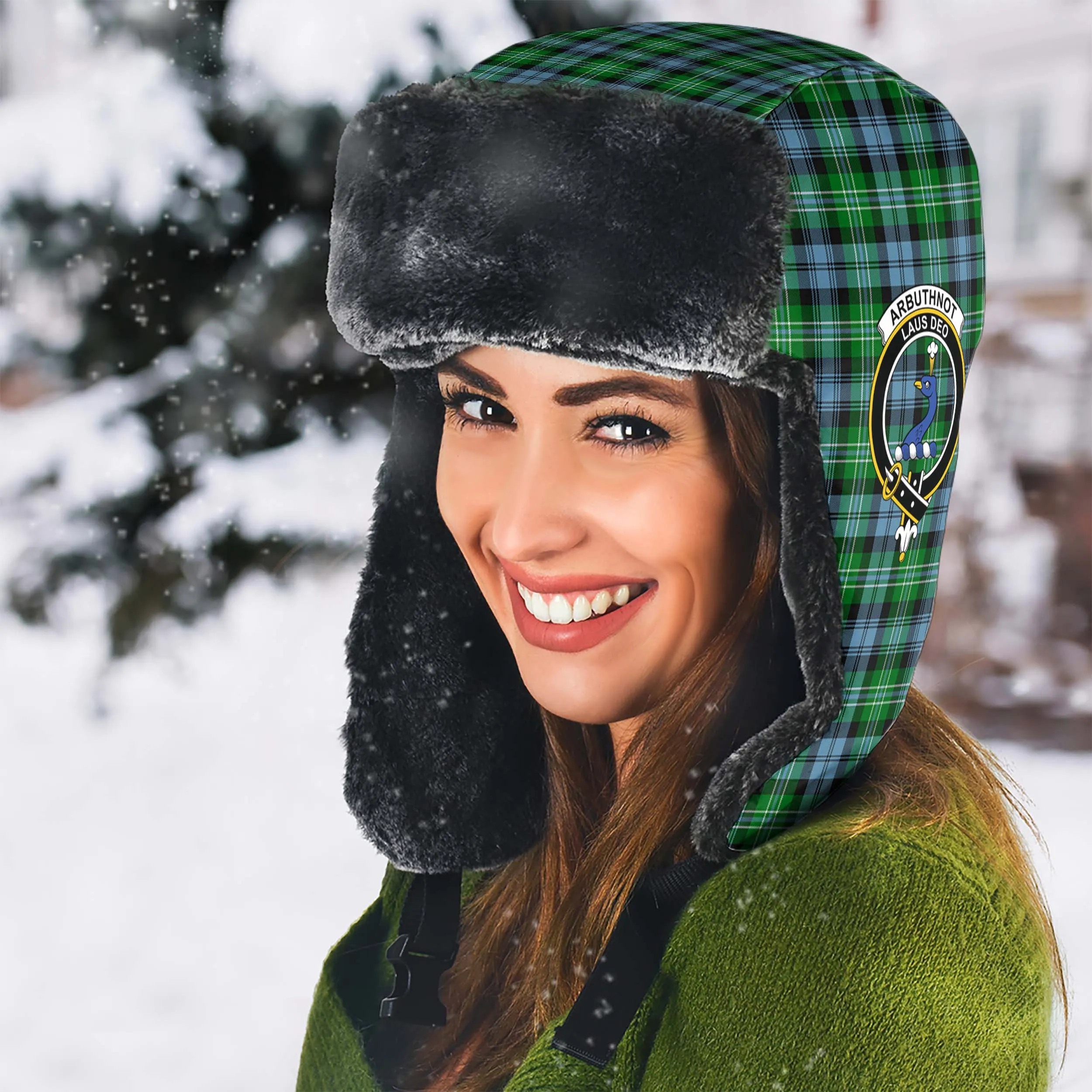 Arbuthnot Ancient Tartan Winter Trapper Hat with Family Crest