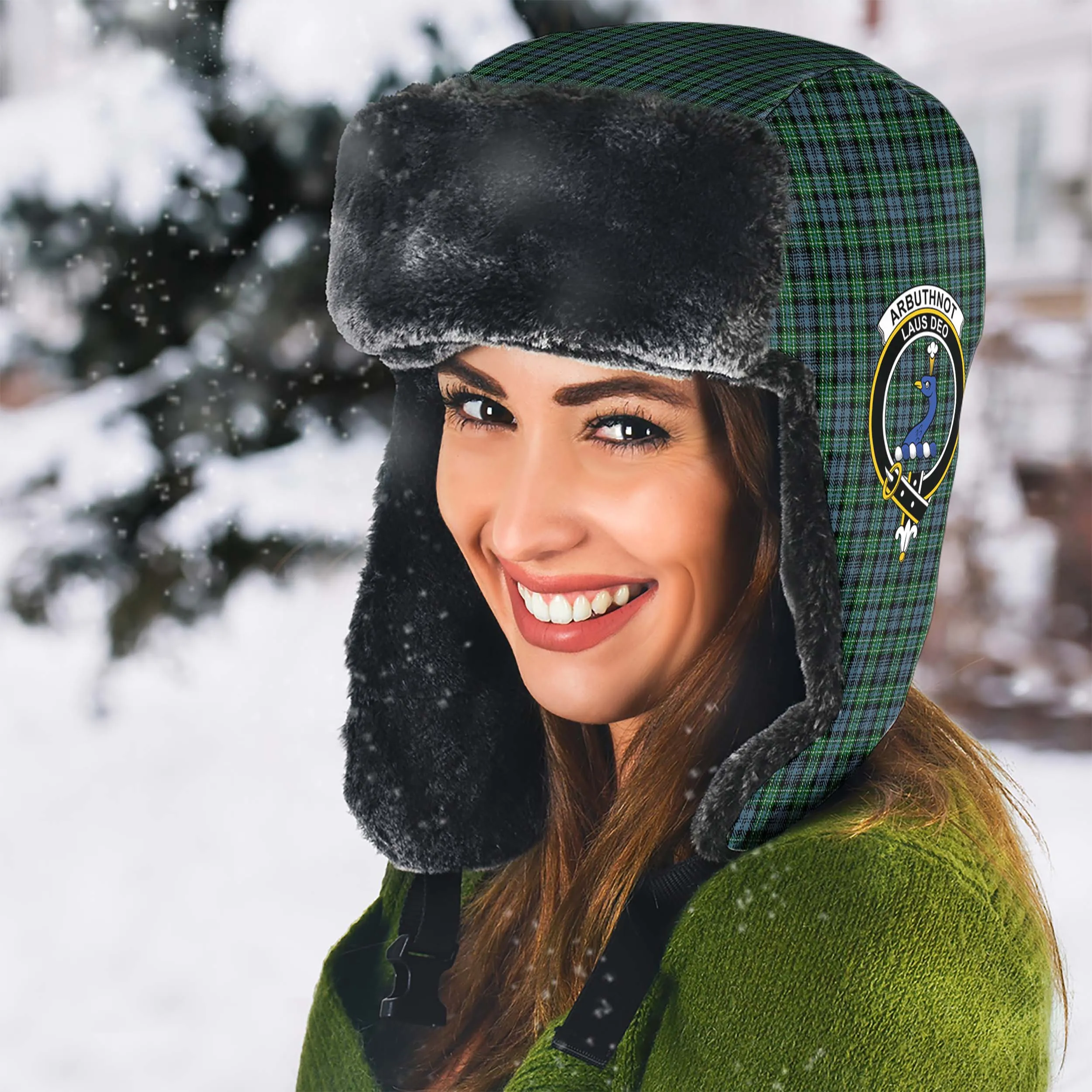 Arbuthnot Tartan Winter Trapper Hat with Family Crest