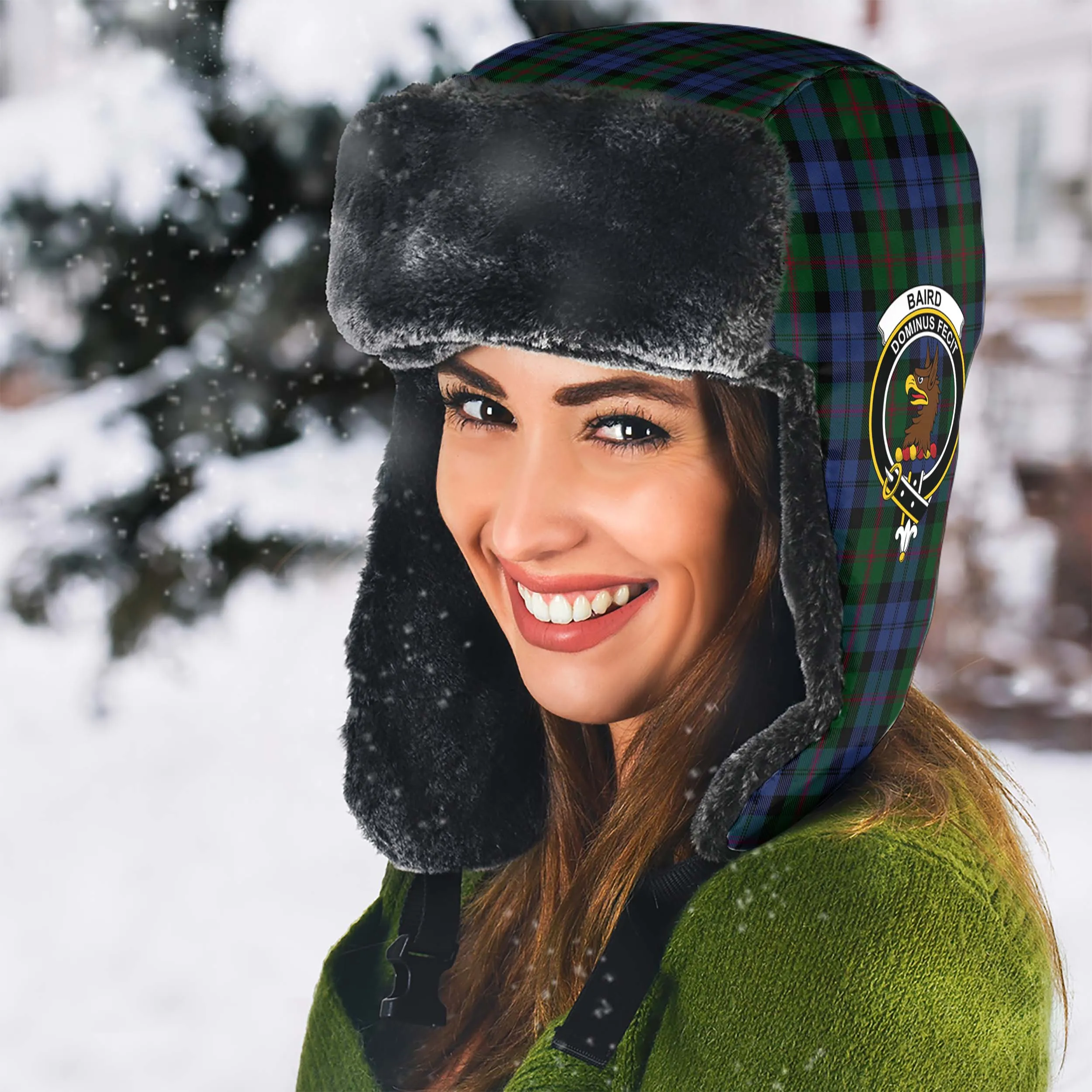 Baird Tartan Winter Trapper Hat with Family Crest