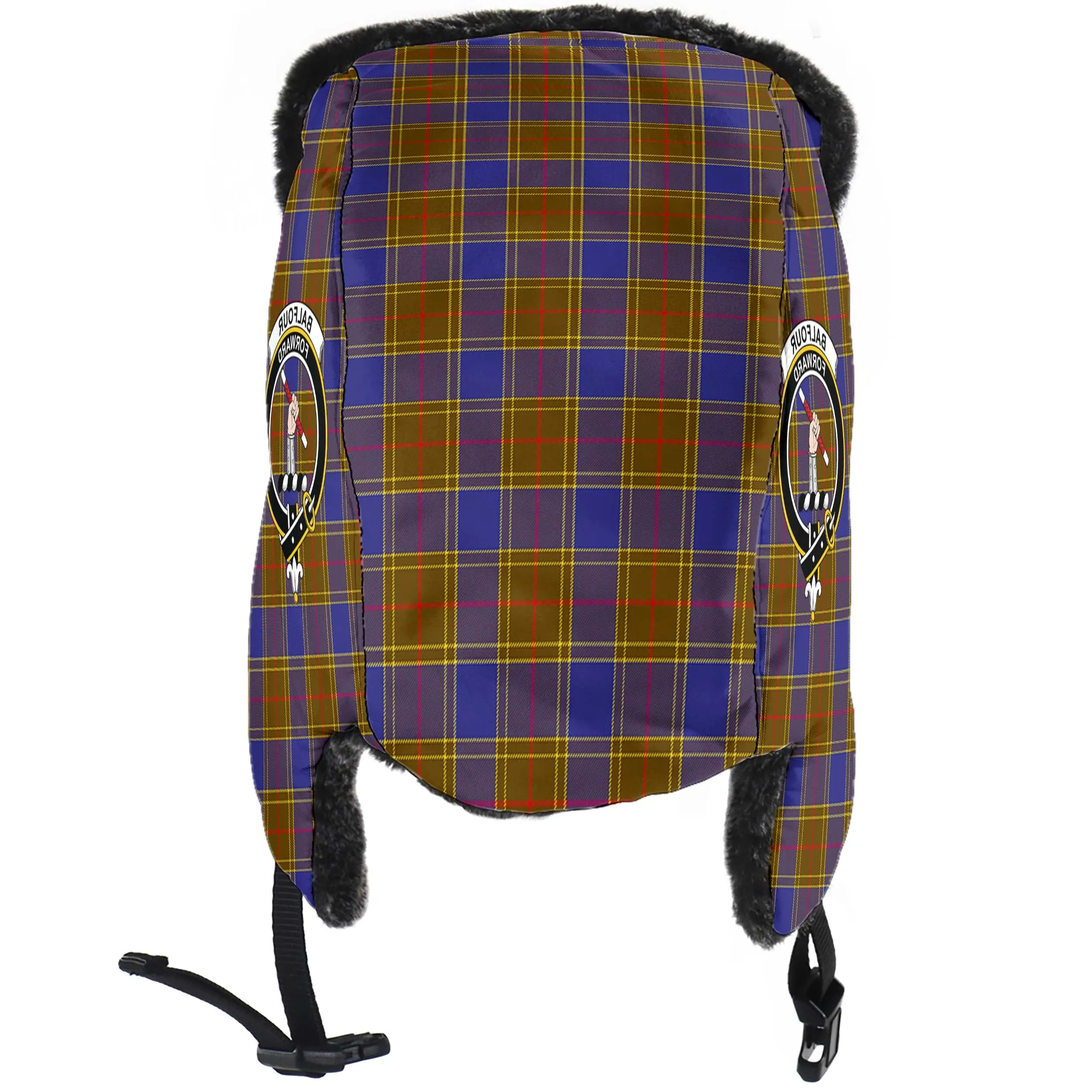 Balfour Tartan Winter Trapper Hat with Family Crest