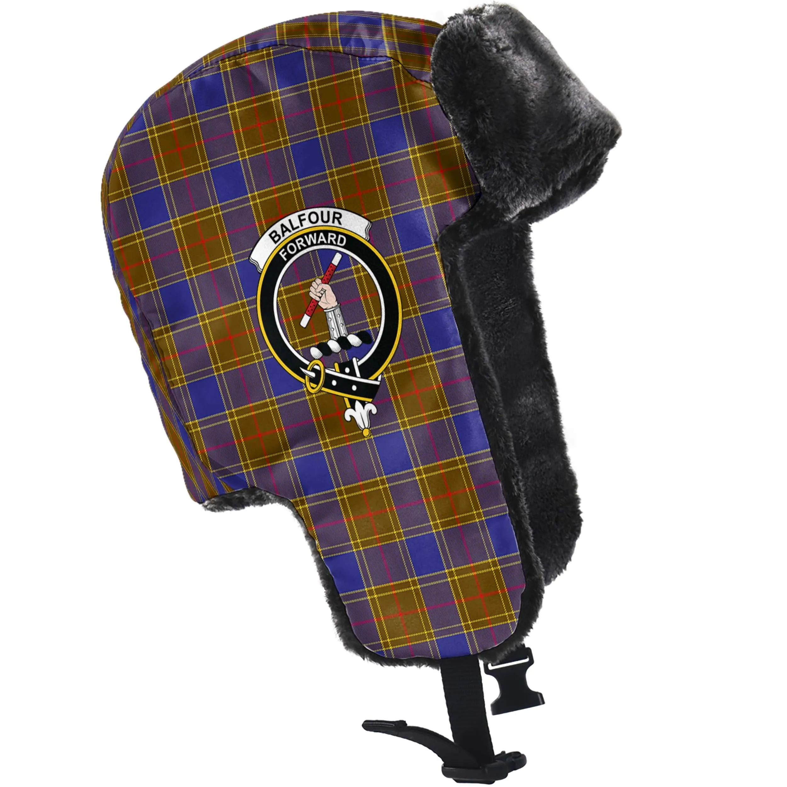 Balfour Tartan Winter Trapper Hat with Family Crest