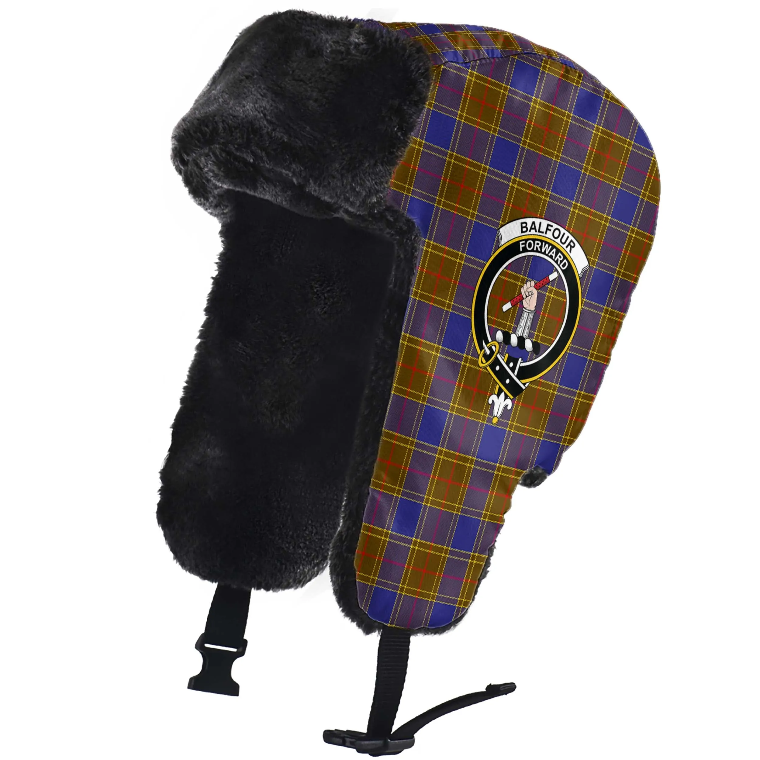 Balfour Tartan Winter Trapper Hat with Family Crest