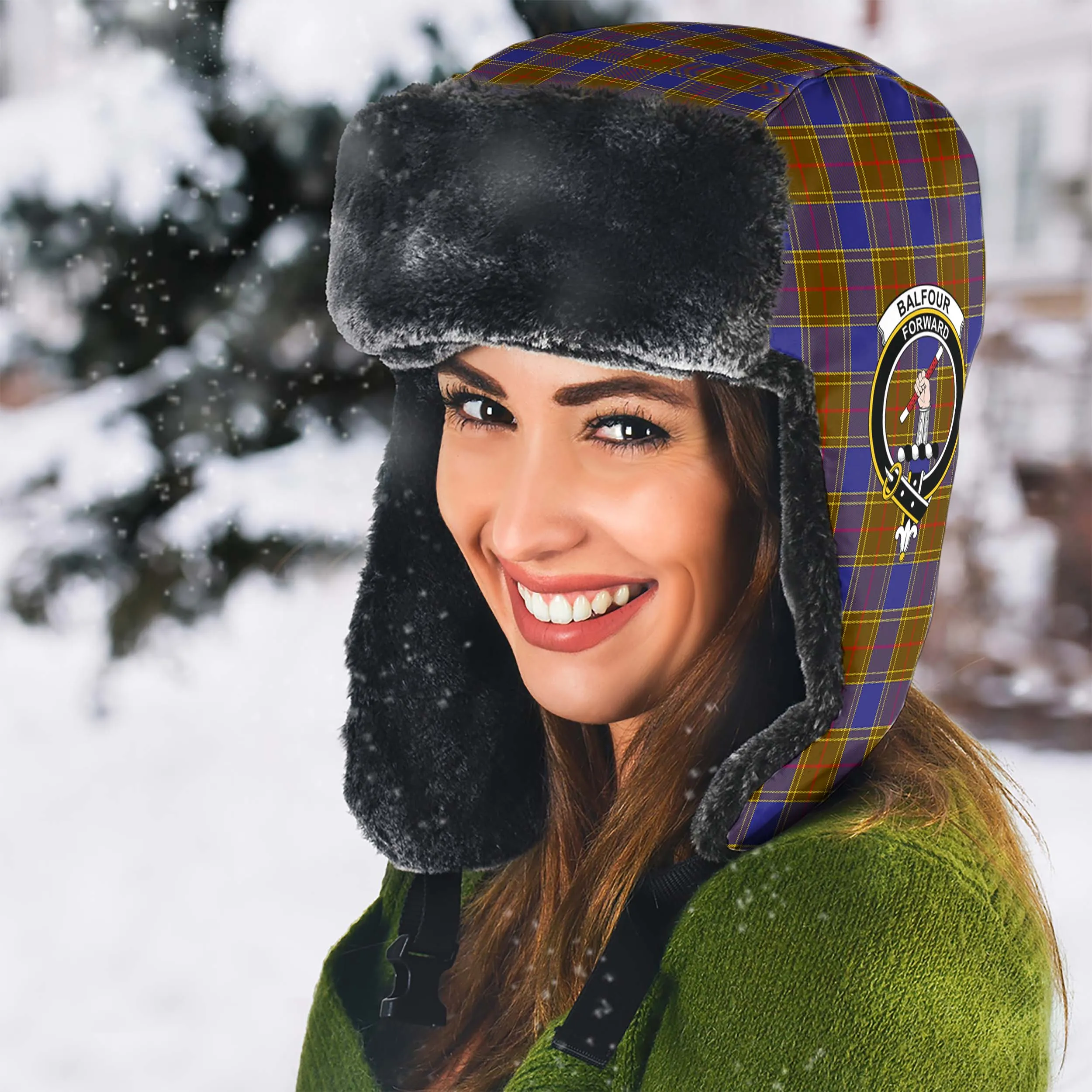 Balfour Tartan Winter Trapper Hat with Family Crest