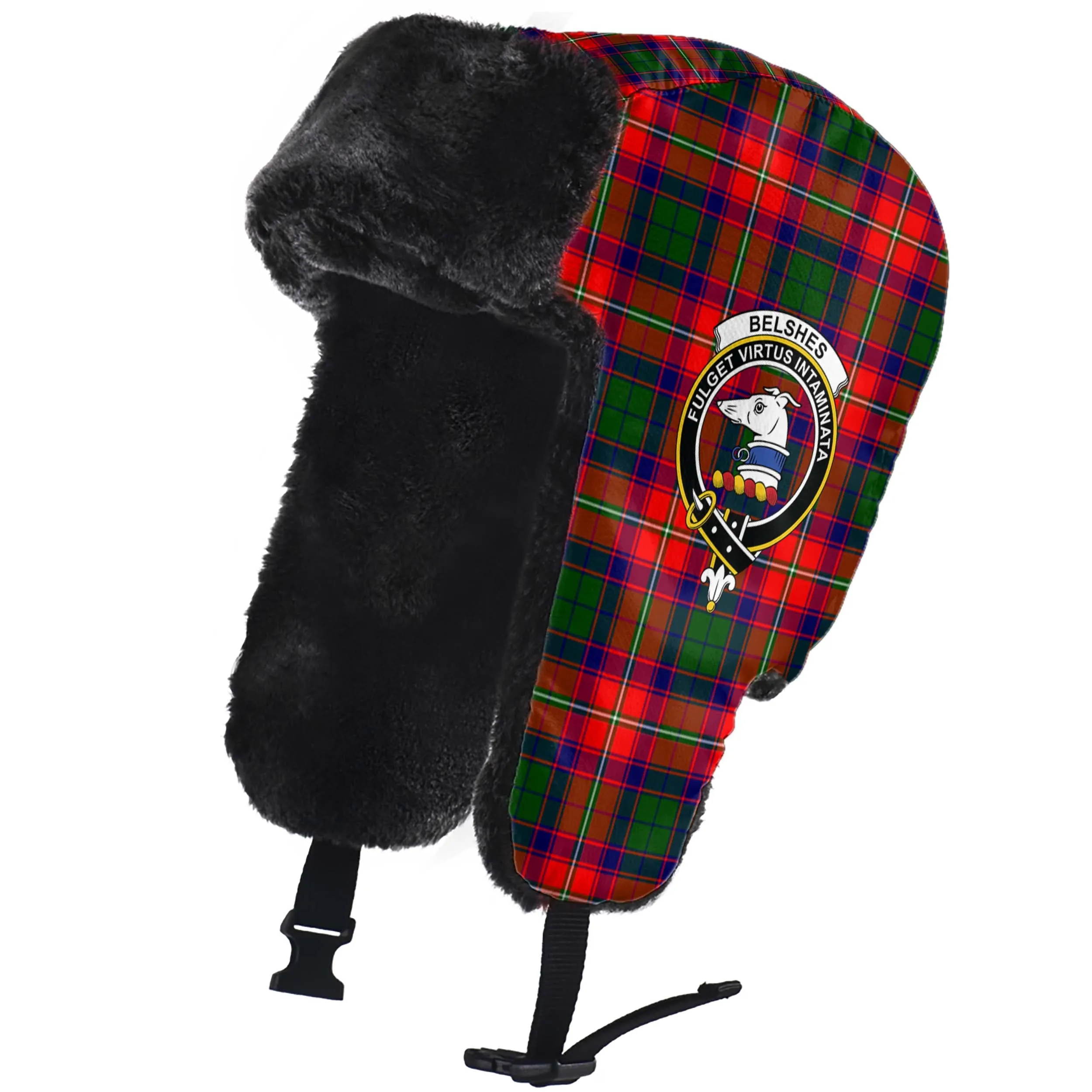 Belshes Tartan Winter Trapper Hat with Family Crest