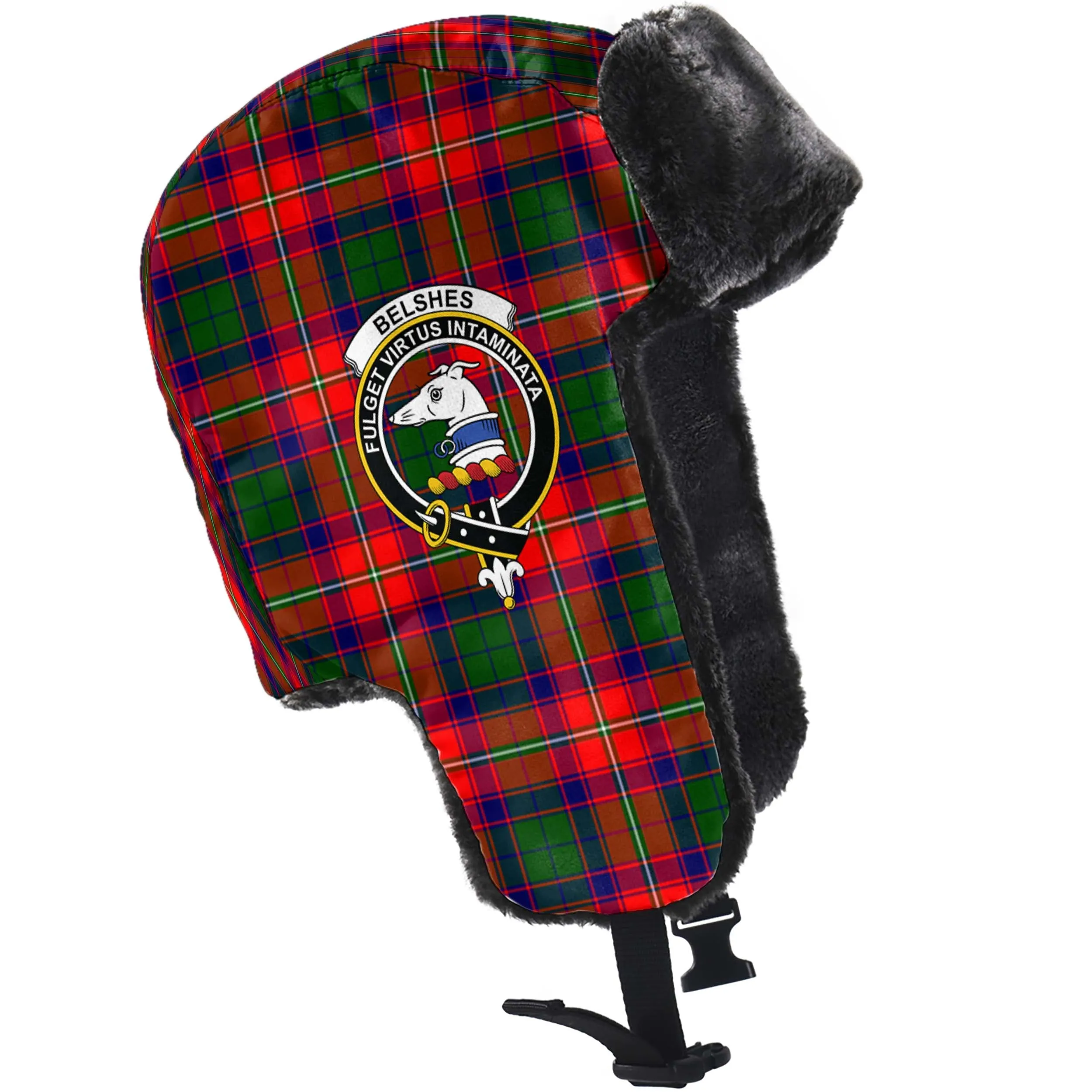 Belshes Tartan Winter Trapper Hat with Family Crest