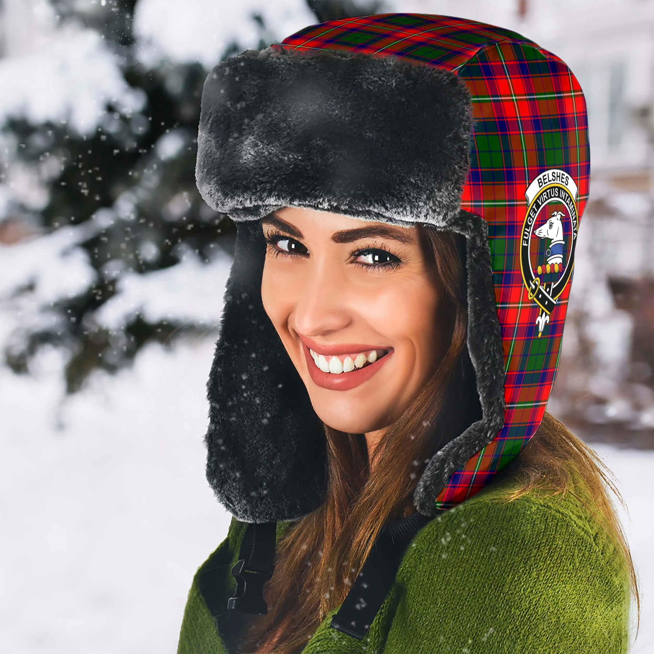 Belshes Tartan Winter Trapper Hat with Family Crest