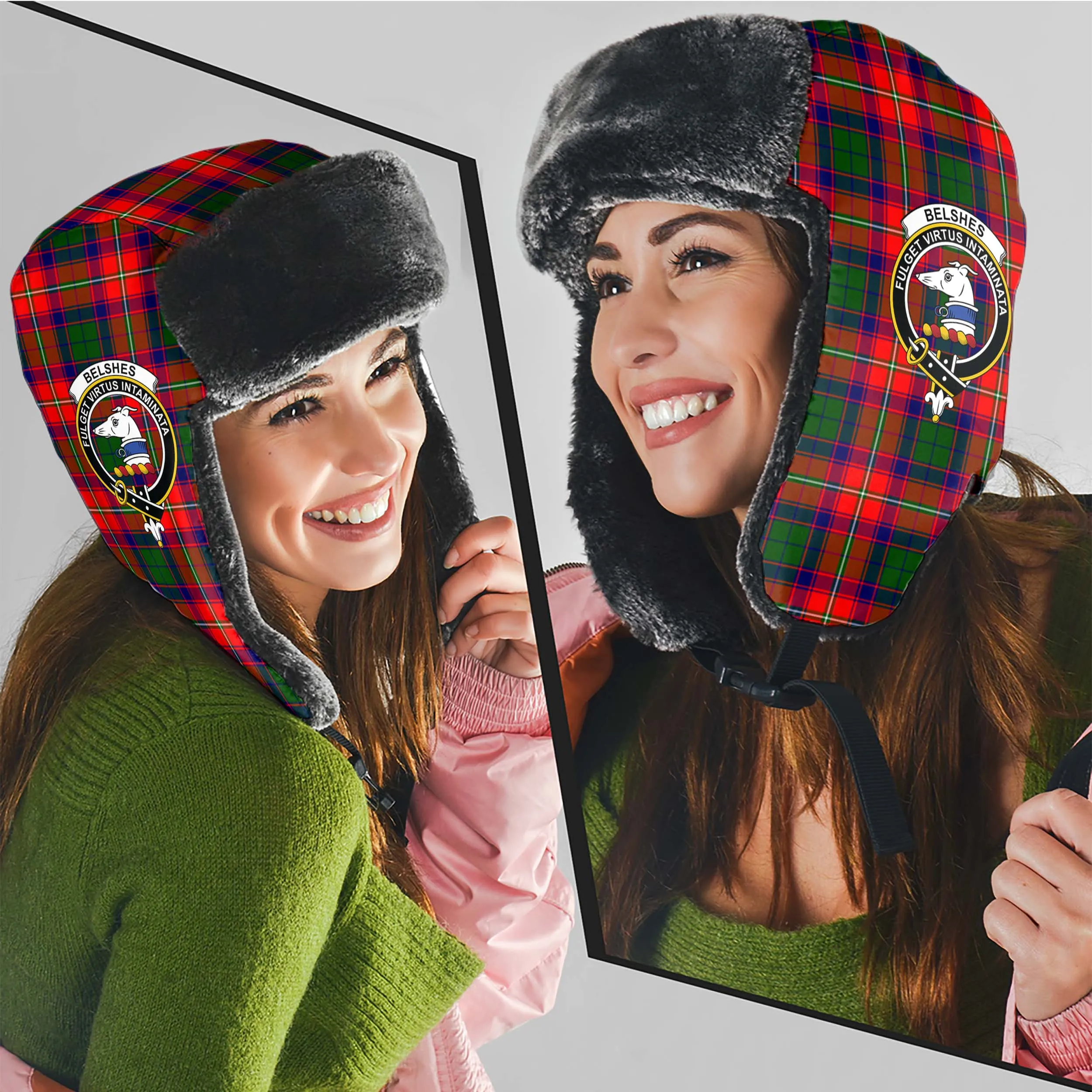 Belshes Tartan Winter Trapper Hat with Family Crest