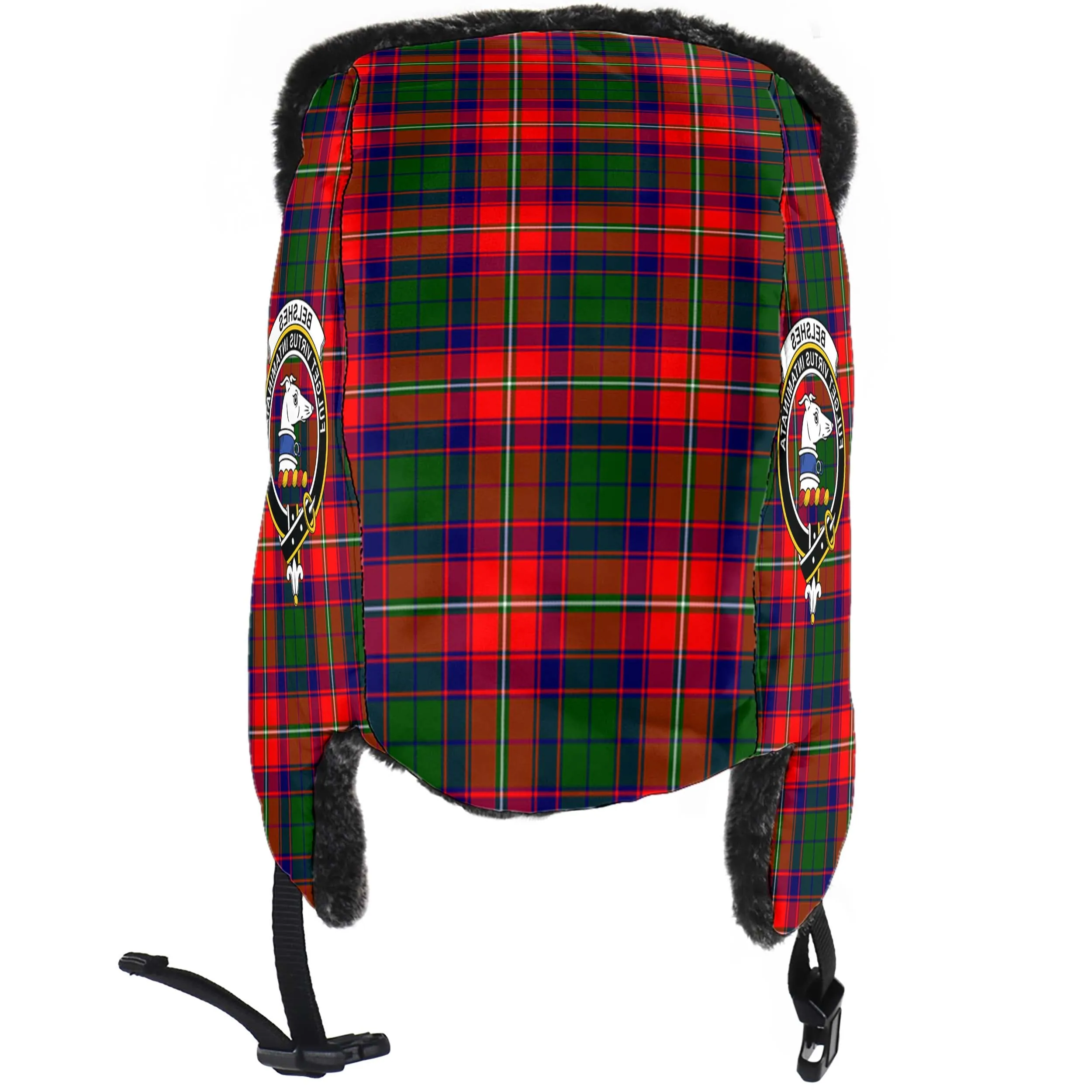 Belshes Tartan Winter Trapper Hat with Family Crest