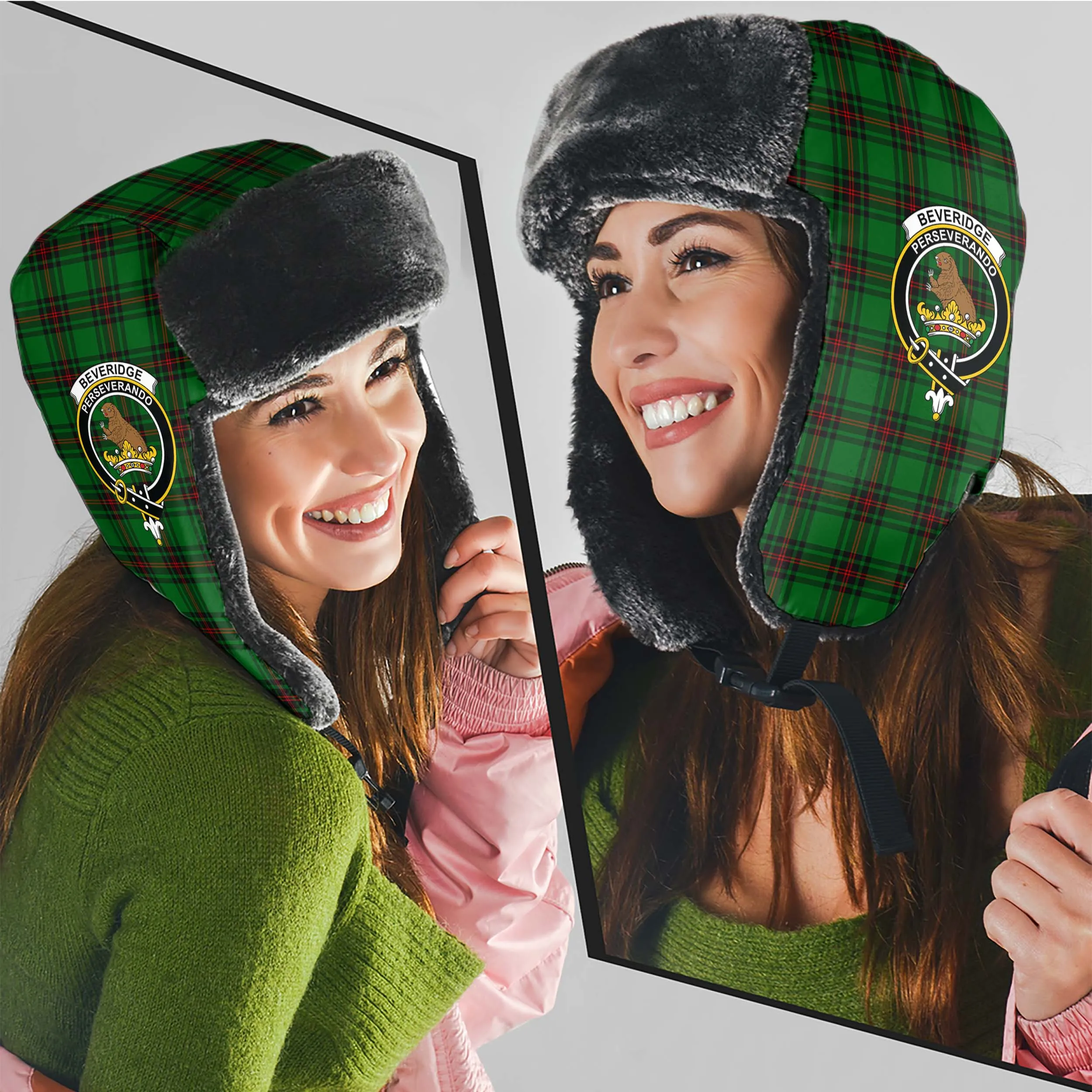 Beveridge Tartan Winter Trapper Hat with Family Crest