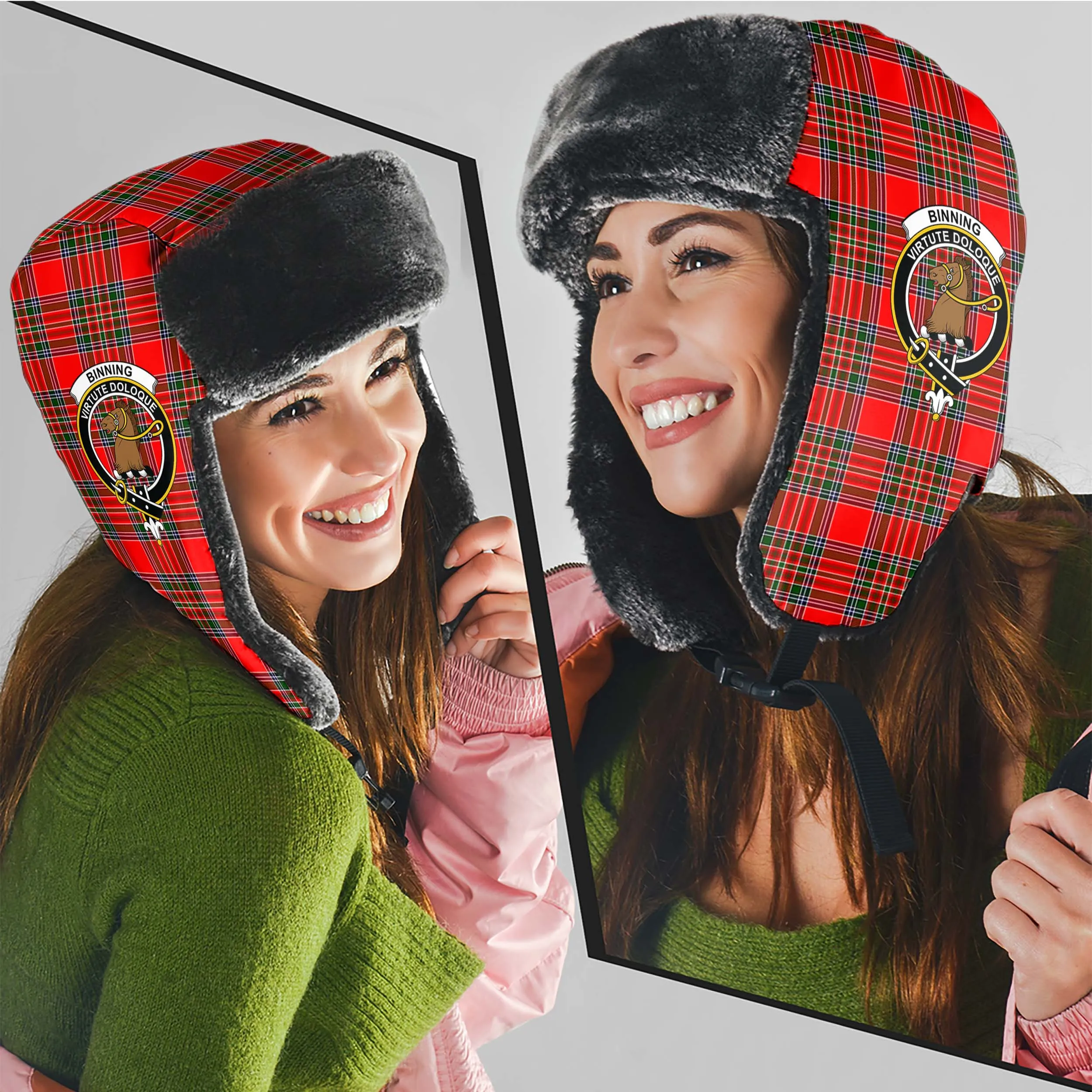 Binning Tartan Winter Trapper Hat with Family Crest