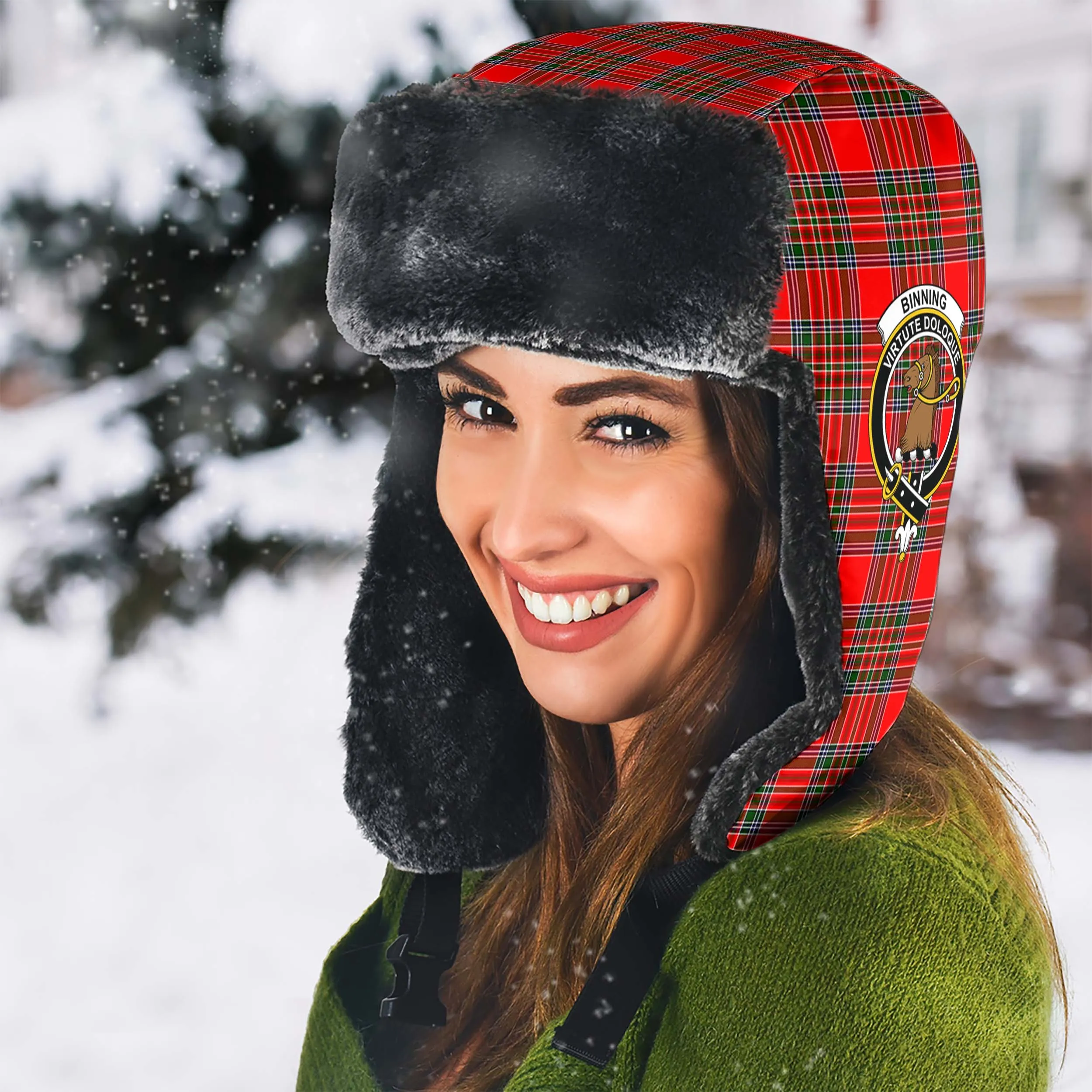 Binning Tartan Winter Trapper Hat with Family Crest