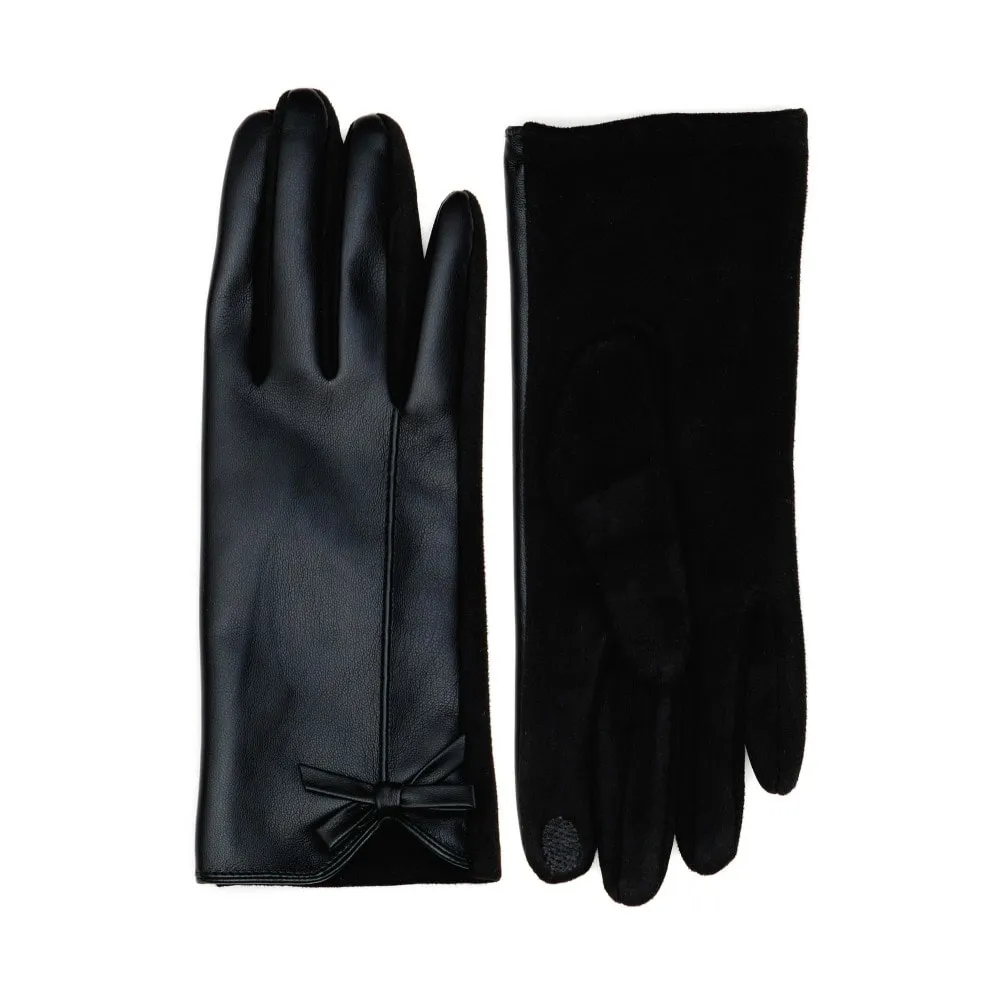 Black Faux Leather Gloves with Bow