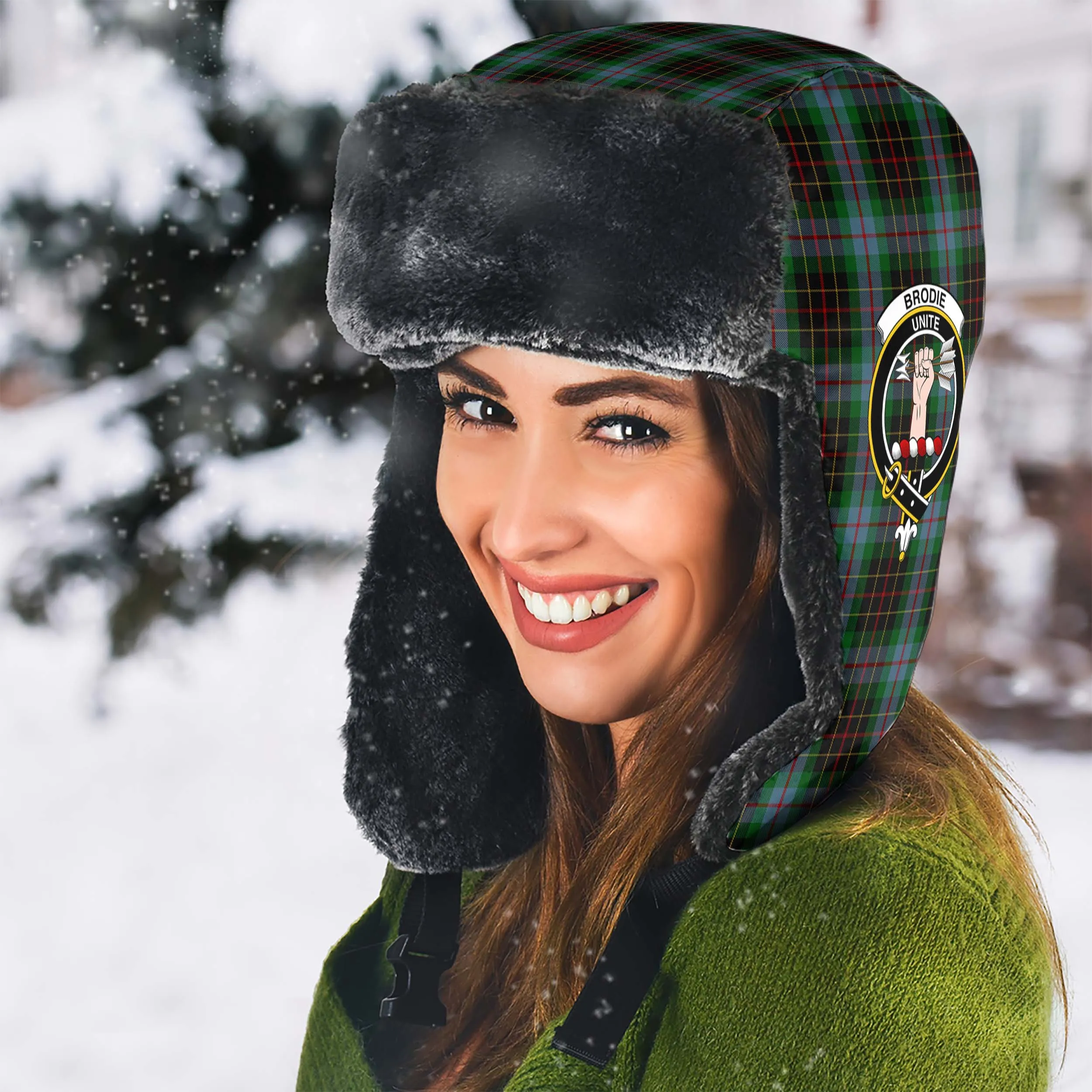 Brodie Hunting Tartan Winter Trapper Hat with Family Crest