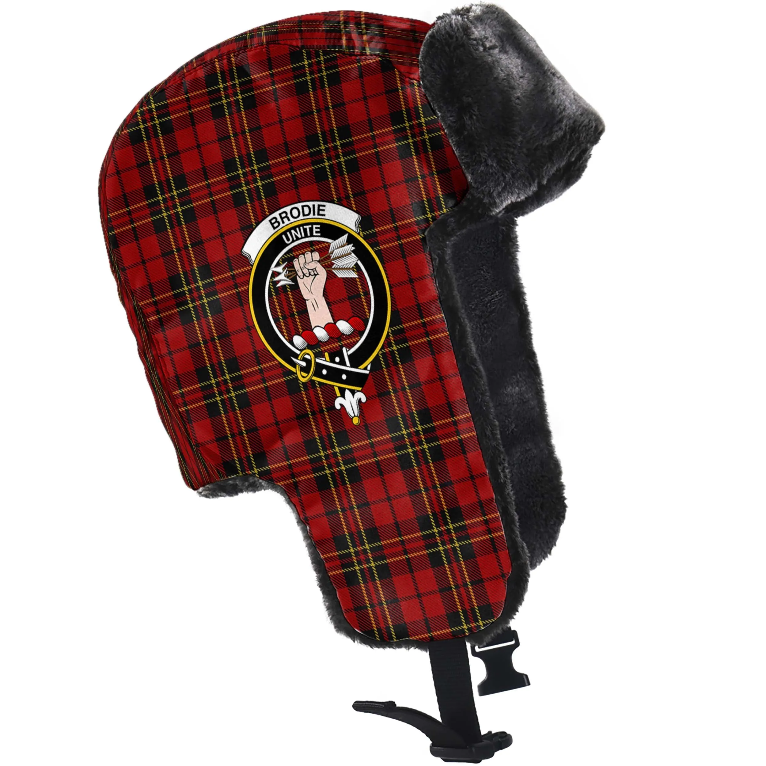 Brodie Tartan Winter Trapper Hat with Family Crest