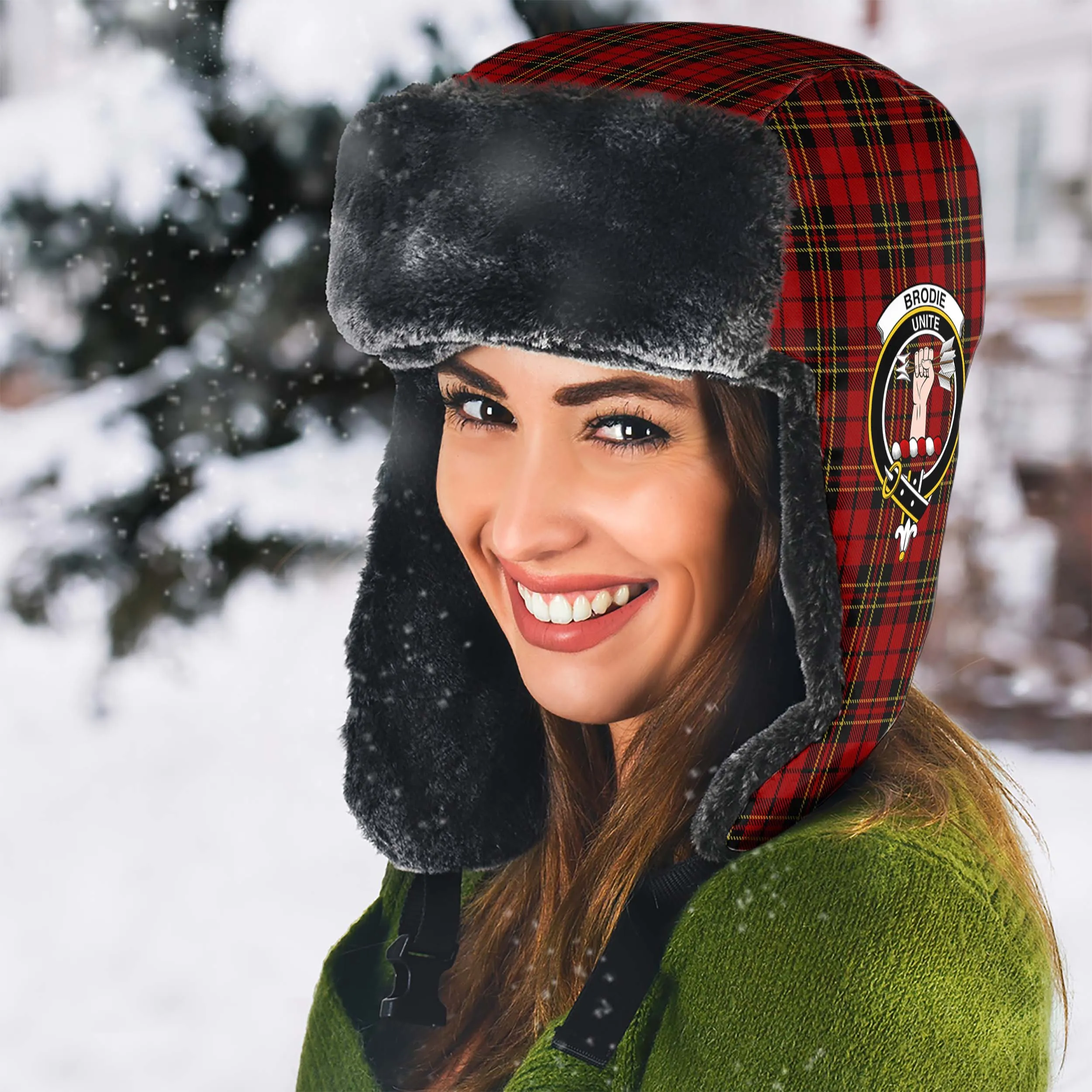 Brodie Tartan Winter Trapper Hat with Family Crest