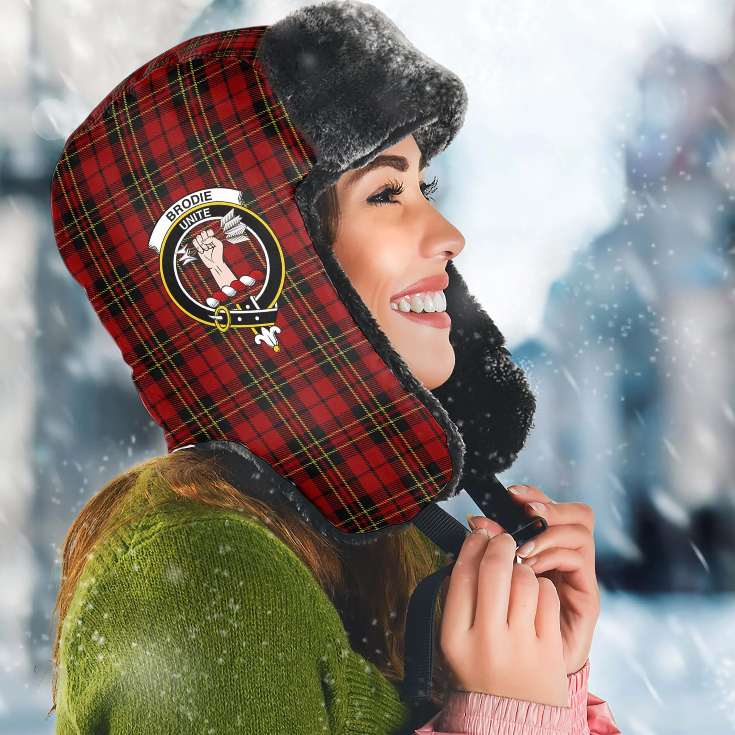 Brodie Tartan Winter Trapper Hat with Family Crest