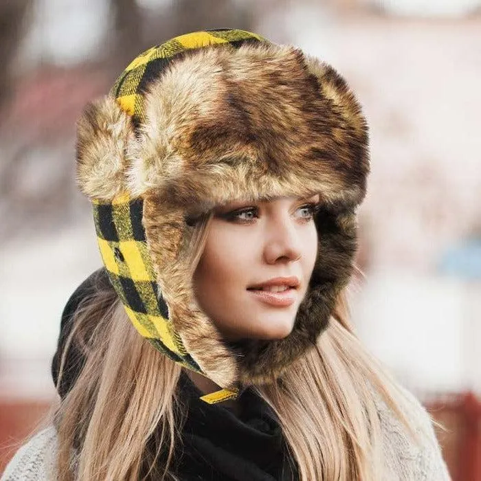 Buffalo Check Patterned Yellow & Black Trapper Hat