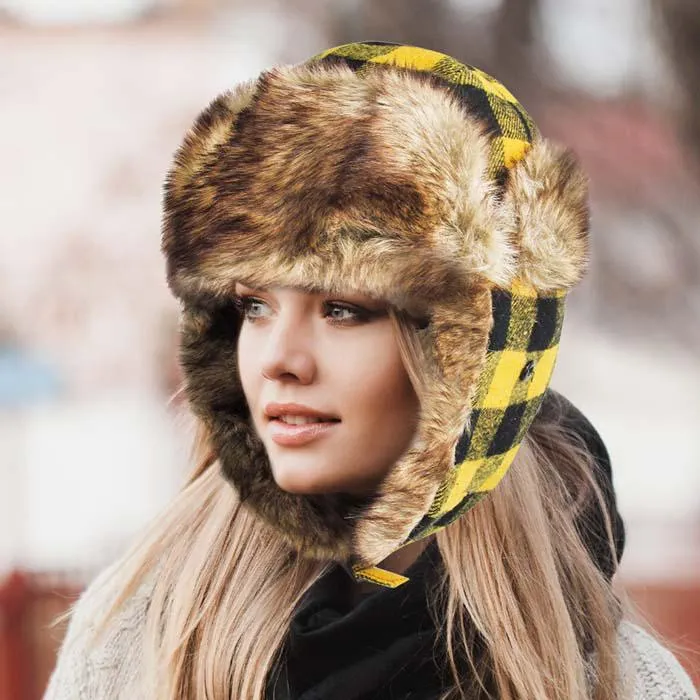 Buffalo Check Patterned Yellow & Black Trapper Hat