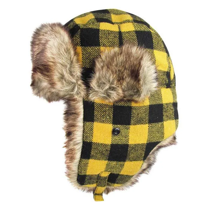 Buffalo Check Patterned Yellow & Black Trapper Hat