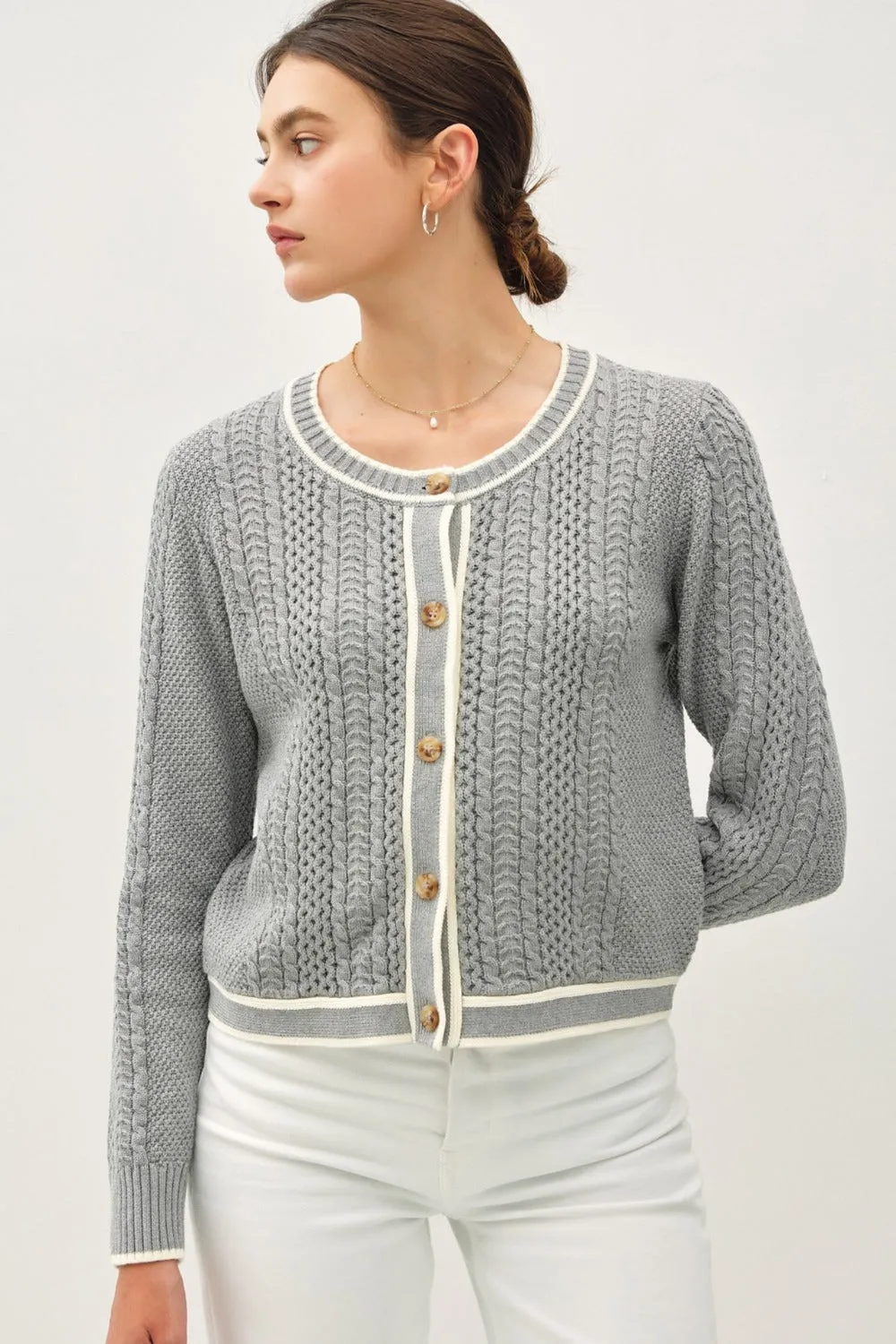 Cable Knit Long Sleeve Contrast Edge Cardigan