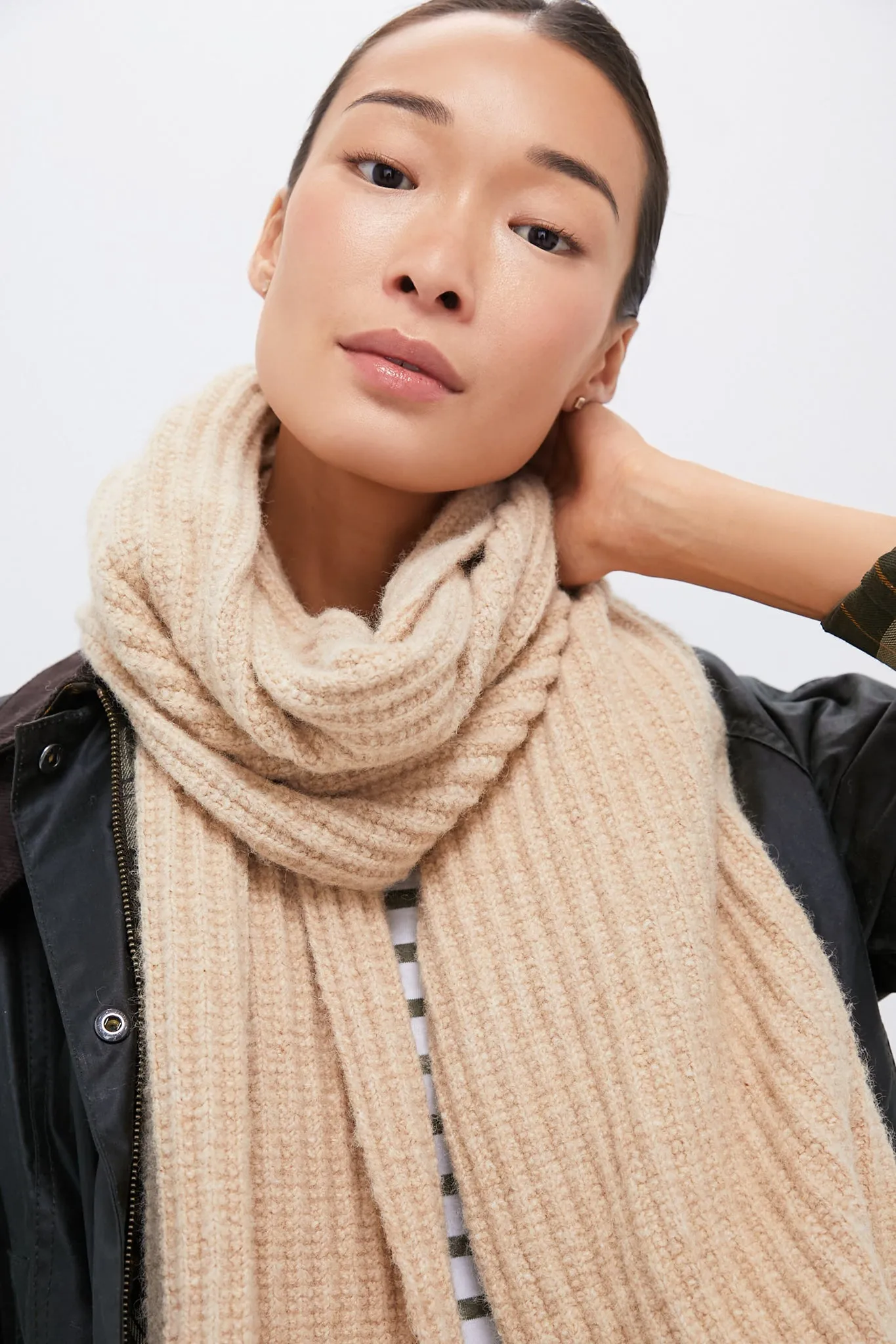 Camel Wool Blend Rib Knit Scarf