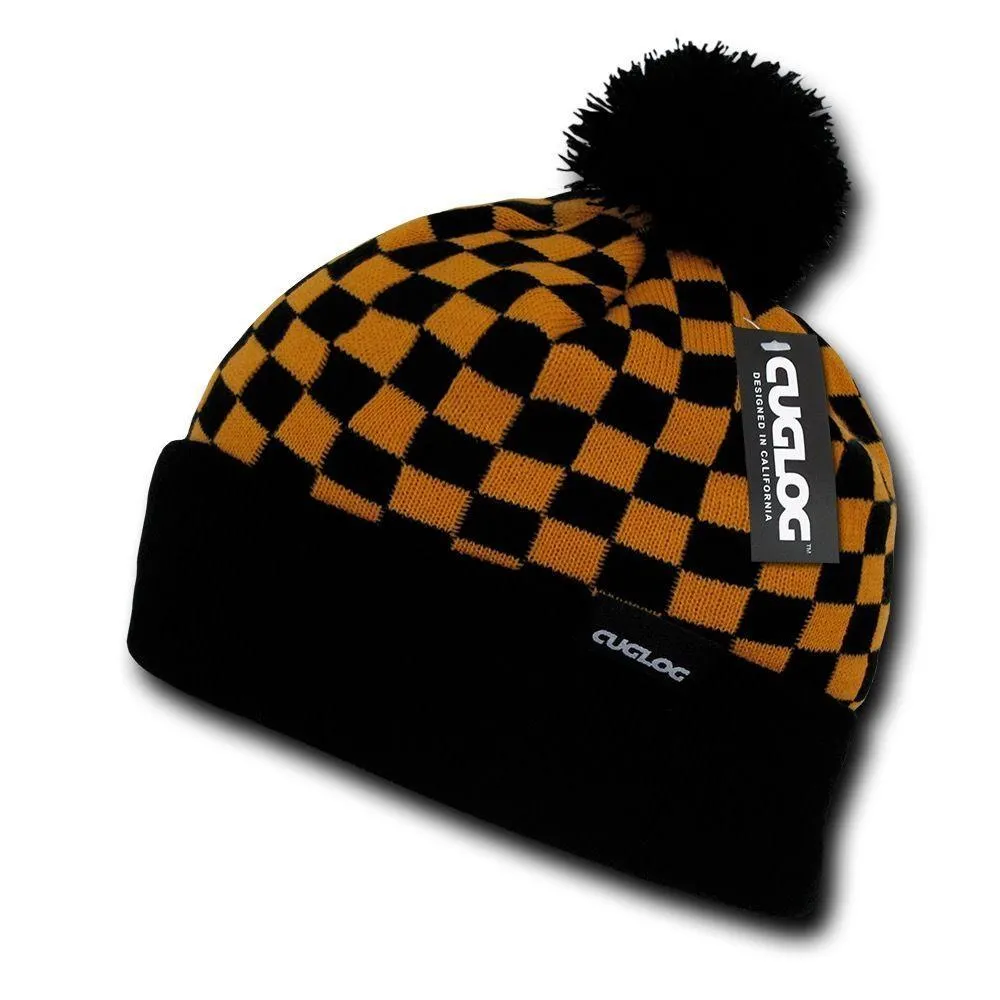 Cuglog Changbai Checker Flag Style Winter Cuffed Beanies Caps Pom Hats