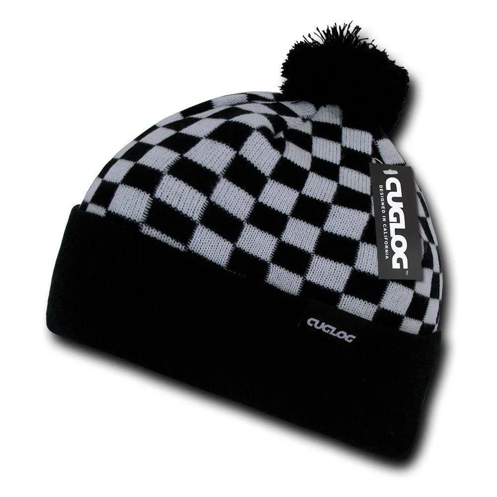 Cuglog Changbai Checker Flag Style Winter Cuffed Beanies Caps Pom Hats