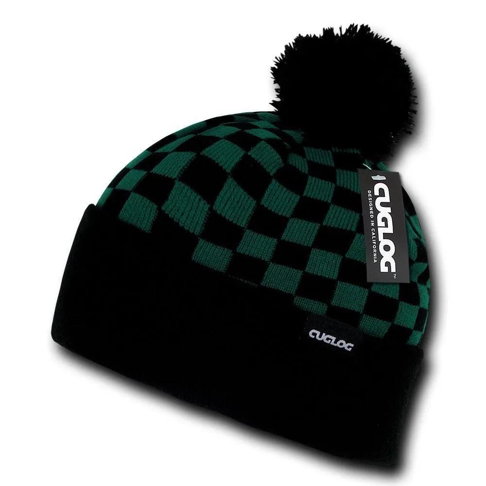 Cuglog Changbai Checker Flag Style Winter Cuffed Beanies Caps Pom Hats