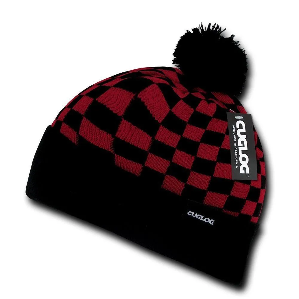 Cuglog Changbai Checker Flag Style Winter Cuffed Beanies Caps Pom Hats