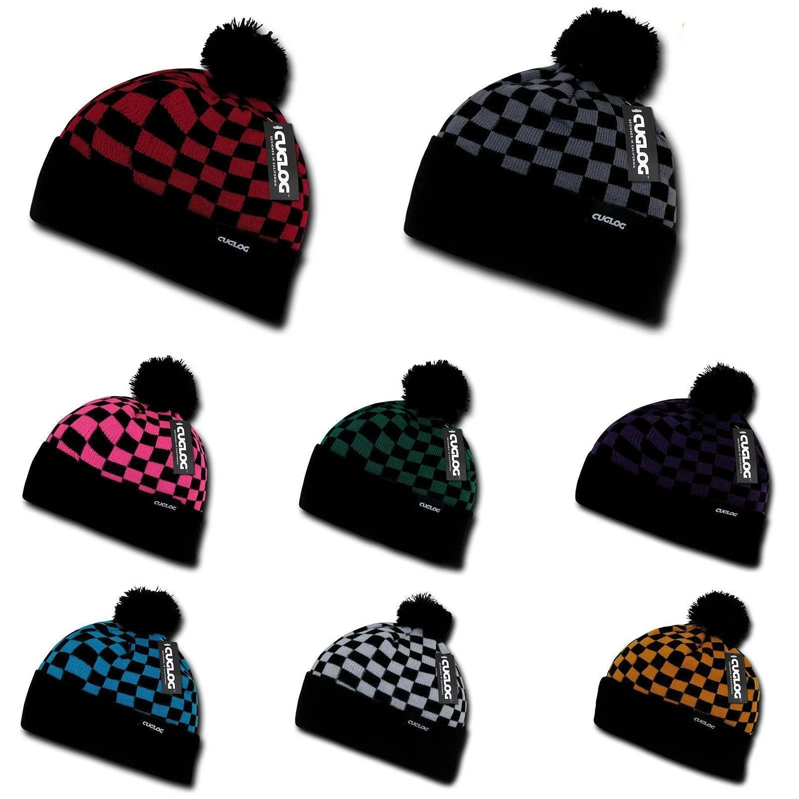 Cuglog Changbai Checker Flag Style Winter Cuffed Beanies Caps Pom Hats