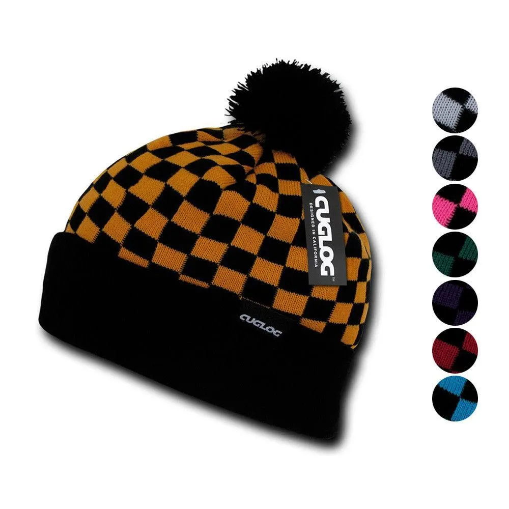 Cuglog Changbai Checker Flag Style Winter Cuffed Beanies Caps Pom Hats