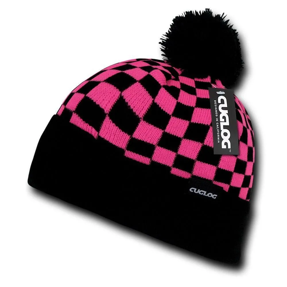 Cuglog Changbai Checker Flag Style Winter Cuffed Beanies Caps Pom Hats