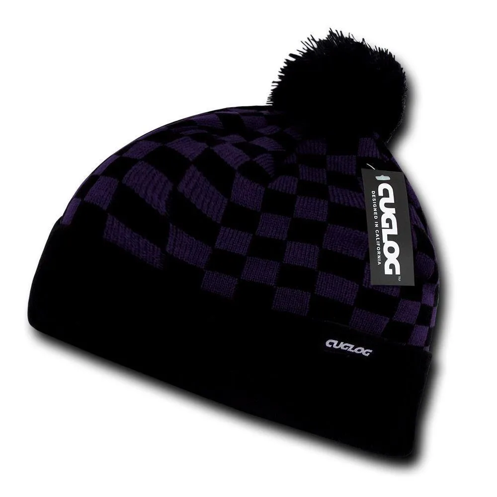 Cuglog Changbai Checker Flag Style Winter Cuffed Beanies Caps Pom Hats