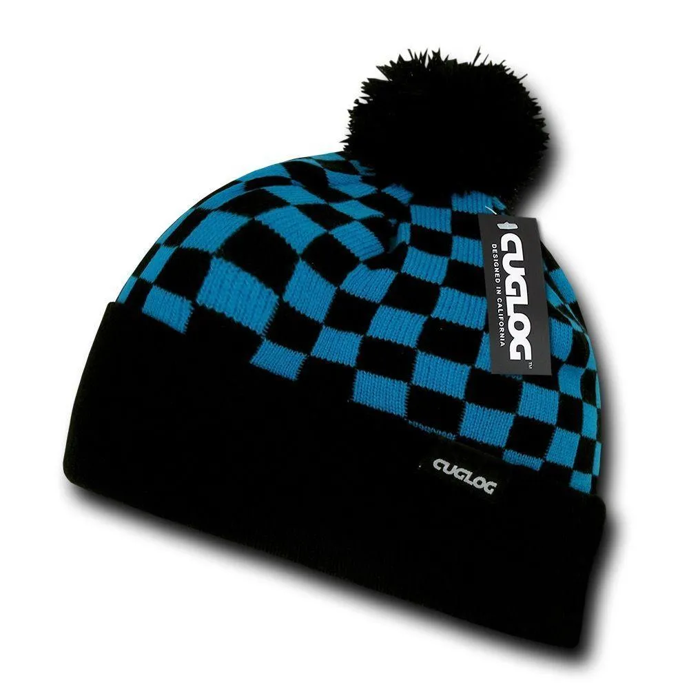 Cuglog Changbai Checker Flag Style Winter Cuffed Beanies Caps Pom Hats