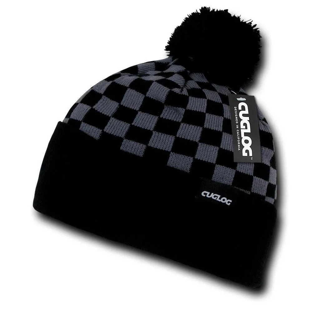 Cuglog Changbai Checker Flag Style Winter Cuffed Beanies Caps Pom Hats