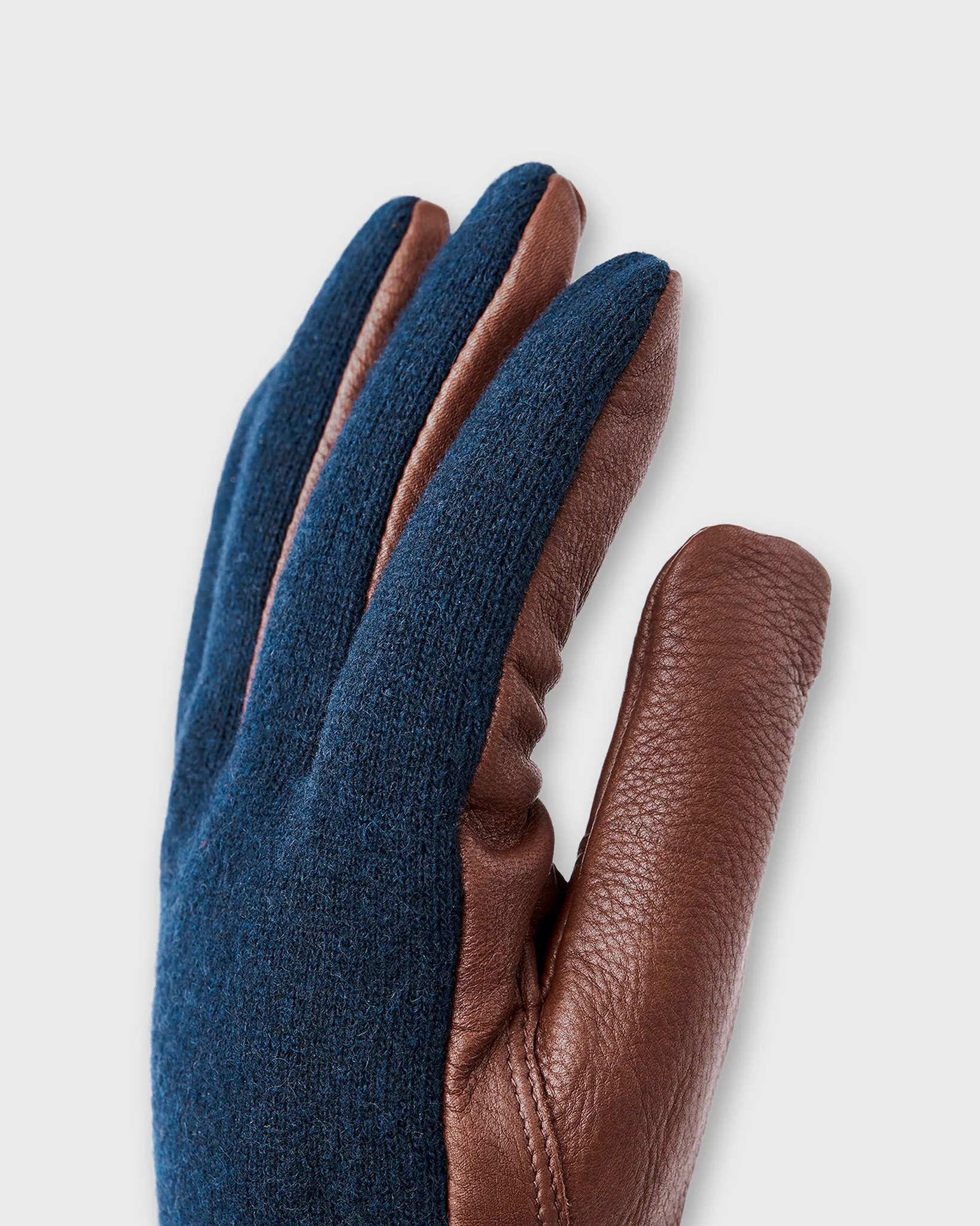 Deerskin Wool Tricot Gloves in Navy/Chocolate