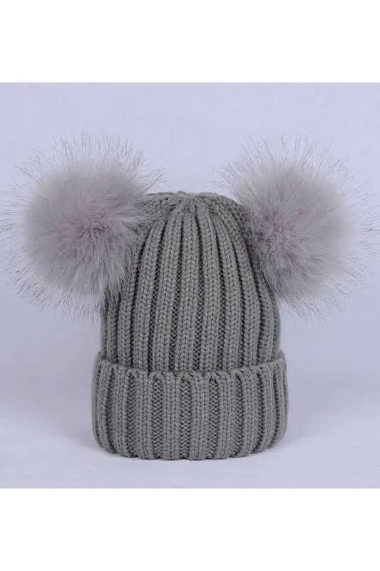 DOUBLE FLUFFY POM POM KNIT BEANIE