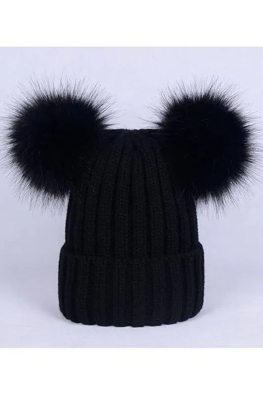 DOUBLE FLUFFY POM POM KNIT BEANIE