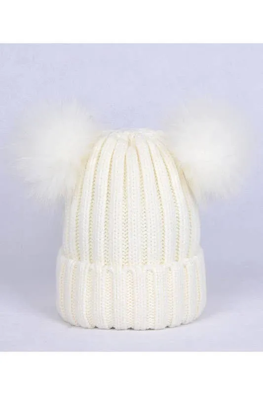 DOUBLE FLUFFY POM POM KNIT BEANIE