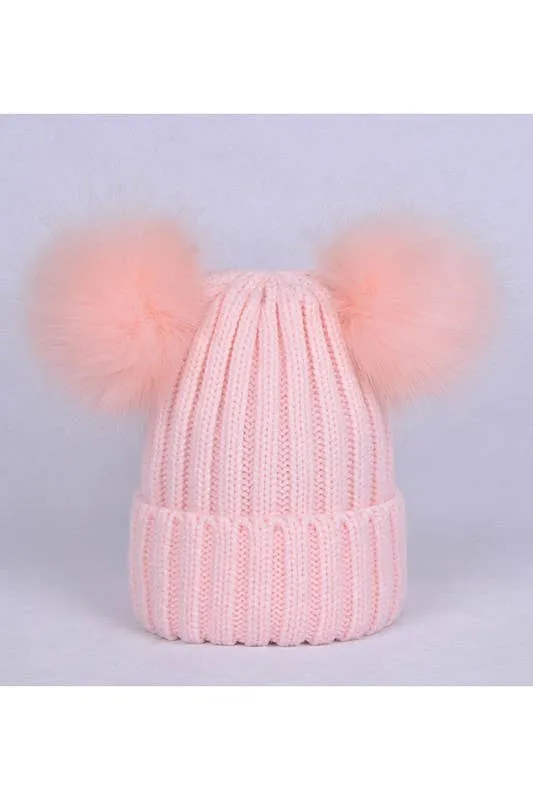 DOUBLE FLUFFY POM POM KNIT BEANIE