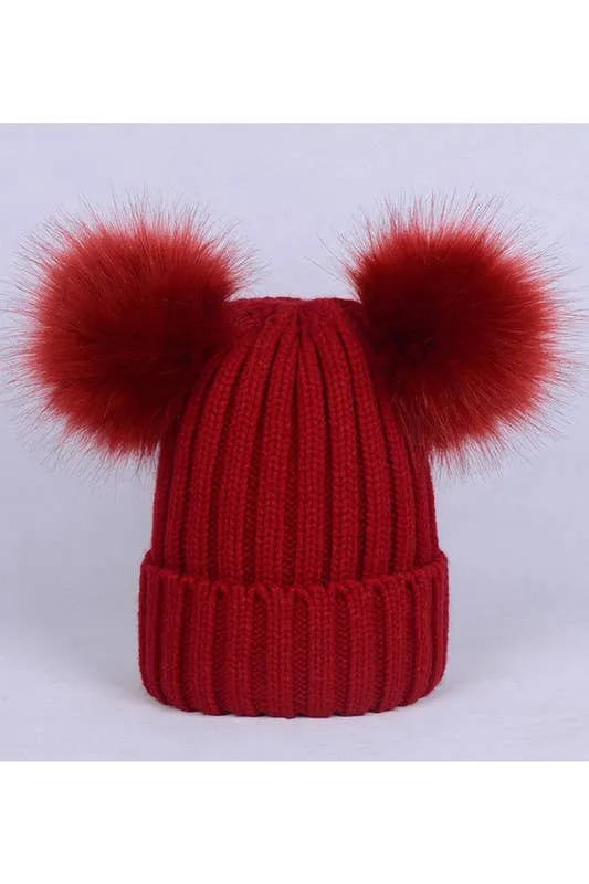 DOUBLE FLUFFY POM POM KNIT BEANIE