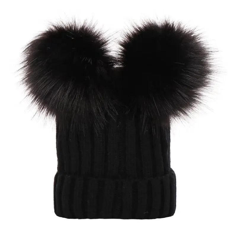 Double Hairball Solid Pompom Beanie Hat