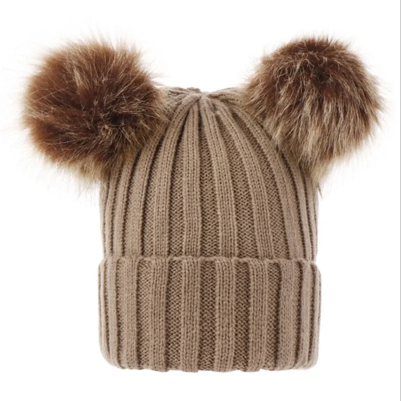 Double Hairball Solid Pompom Beanie Hat