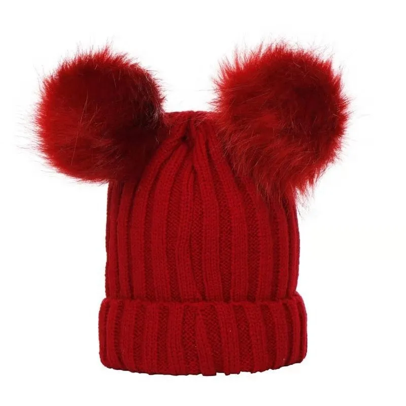 Double Hairball Solid Pompom Beanie Hat