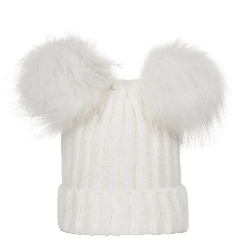 Double Hairball Solid Pompom Beanie Hat