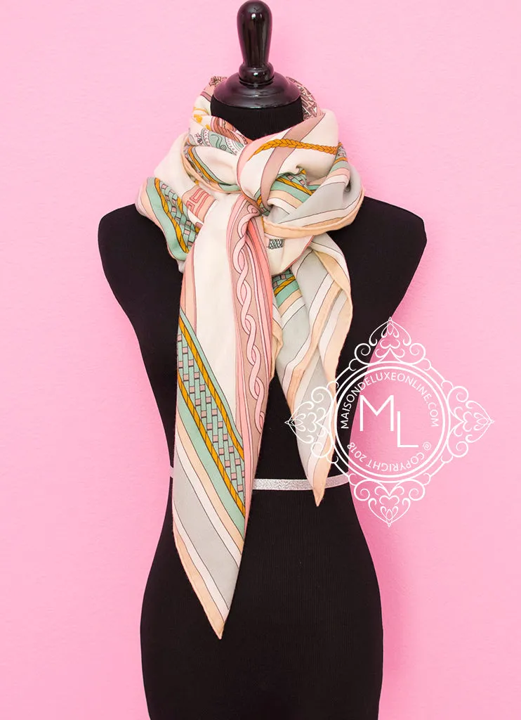 Hermes "Duo d'Etriers" Blanc Rose Cashmere 140 GM Shawl Scarf