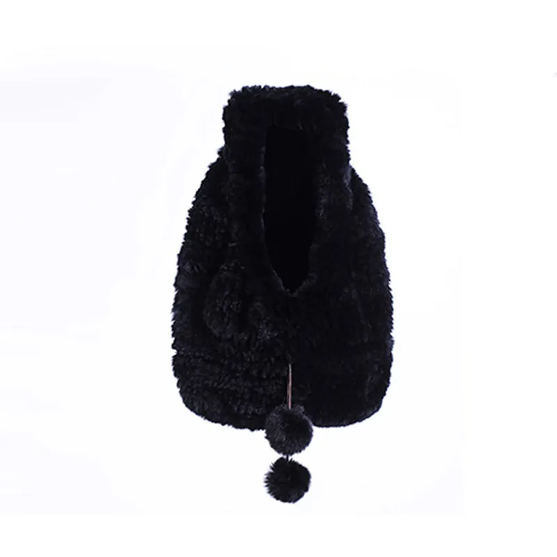 Ladies Winter Hats Knitted Real REX Rabbit Fur Hat Beanie Fur Cap Double-used Fur Scarf Pompom Decoration Winter Hat Snow Hats for Women FS14608